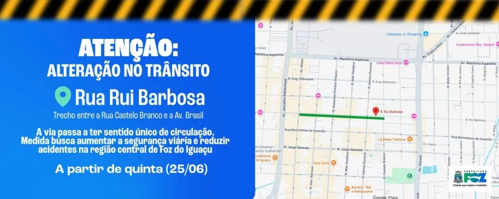 Rua Rui Barbosa deixará de ter mão dupla em trecho do Centro de Foz